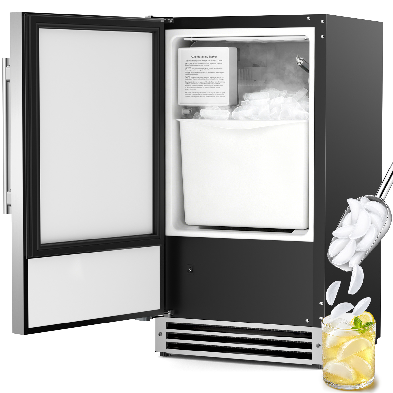 Commercial Kitchen Bin - アンダーカウンター製氷機、クレセント型製氷機（業務用）、25ポンド/24時間、22ポンドの貯蔵ビン付き、排水不要、家庭、オフィス、キッチン、バー向けのビルトインまたは自立型製氷機
