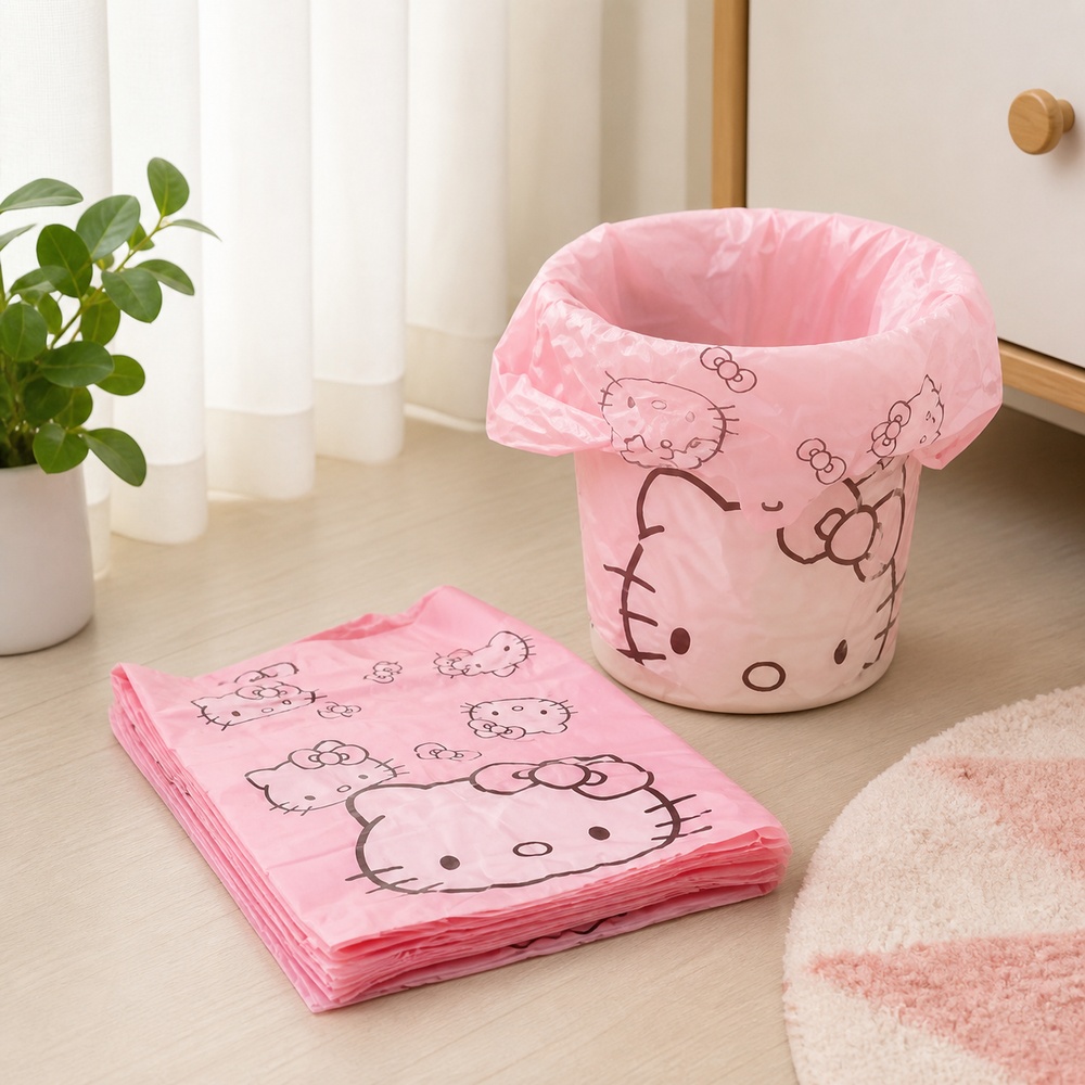 Commercial Kitchen Bin - ピンクの漫画猫柄プリントベスト型ゴミ袋 50枚入り 30x50cm プラスチック製ゴミ袋 キッチン・バスルーム用ゴミ箱ライナー 家庭用品