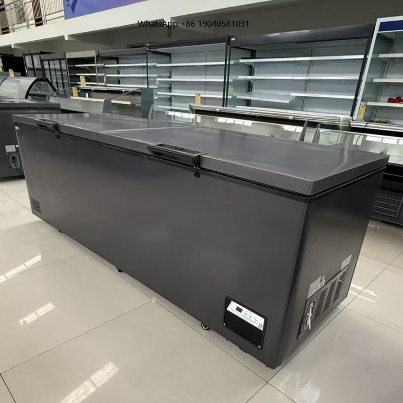 Commercial Chest Freezer - 業務用ダブルドア式水平型大型冷凍庫。家庭用およびスーパーマーケットでの使用に適した、大容量で肉類を保存できる冷凍庫。